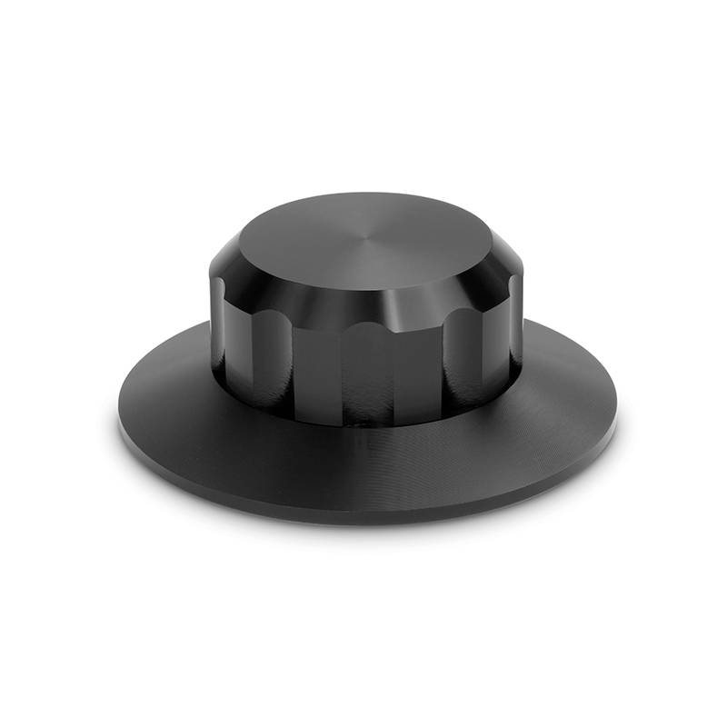 A black rotary knob on a white background, possibly for an electronic device used to control volume.