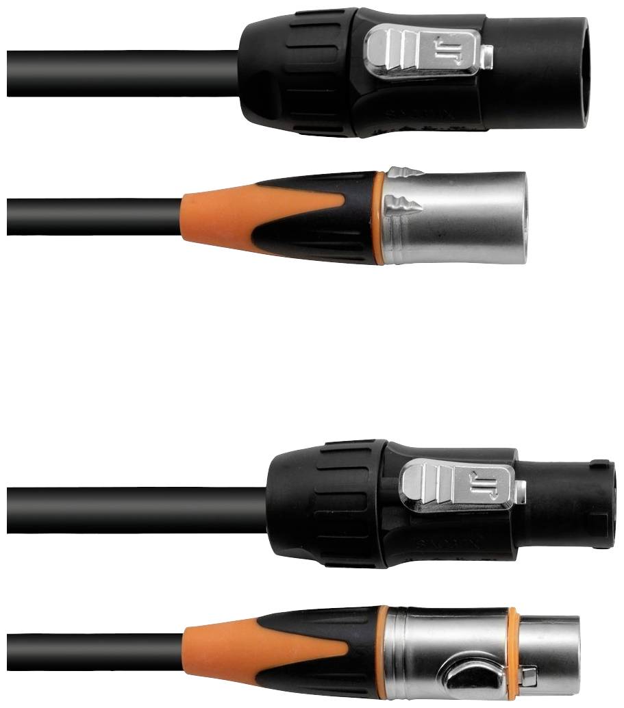 XLR connectors above: black plug, below: silver and orange plugs. Used in audio technology and stage engineering.