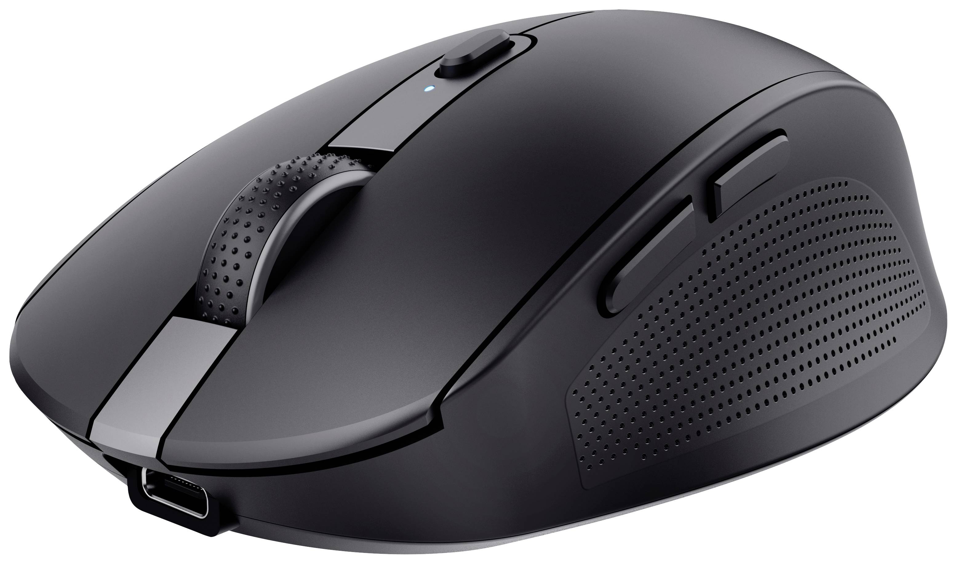 Black wireless computer mouse with two side buttons and ergonomic design, placed on a white surface.