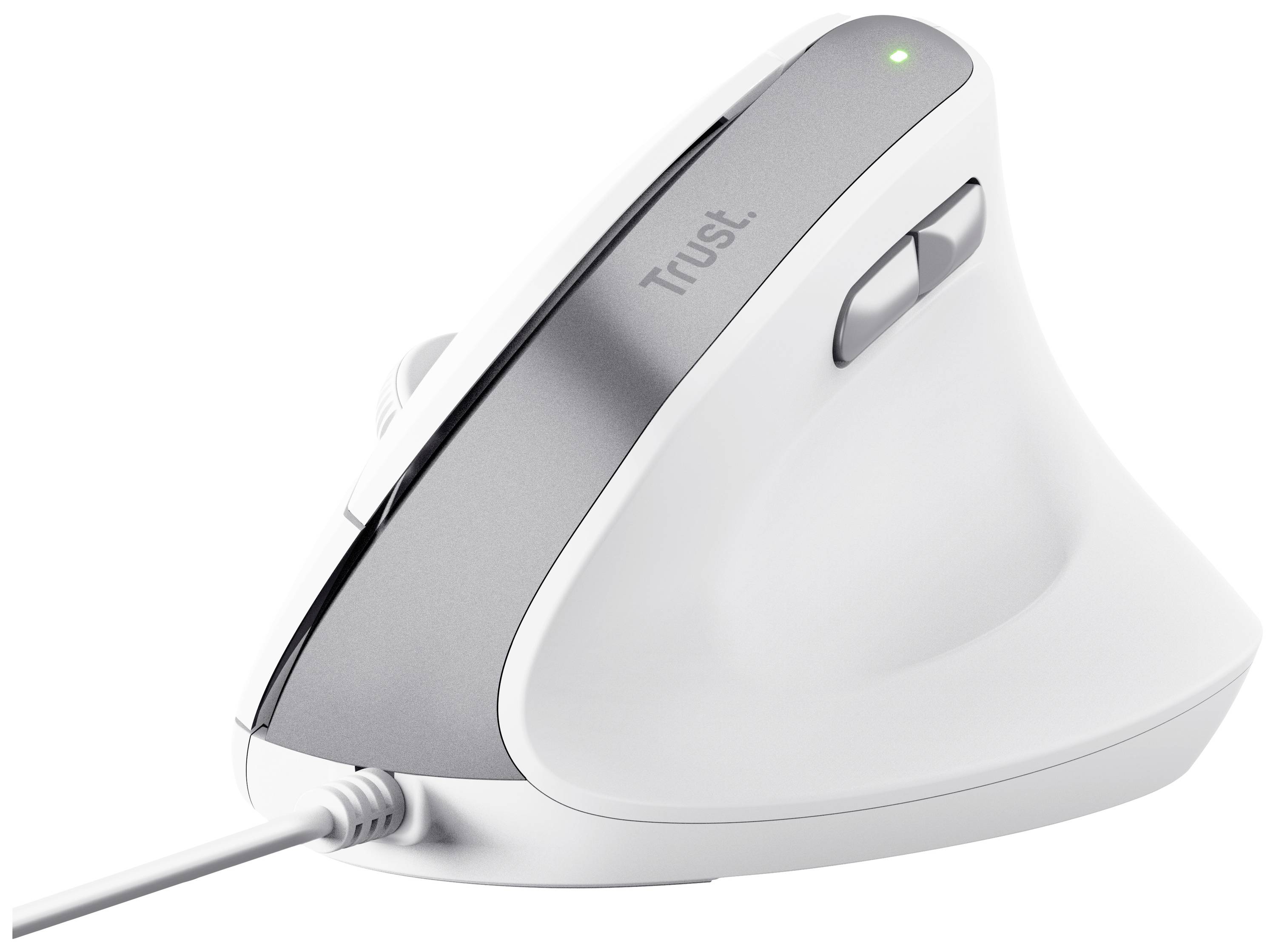 Trust ergonomic vertical mouse, white with grey accents, wired connection, two buttons. Ideal for protecting the wrist.