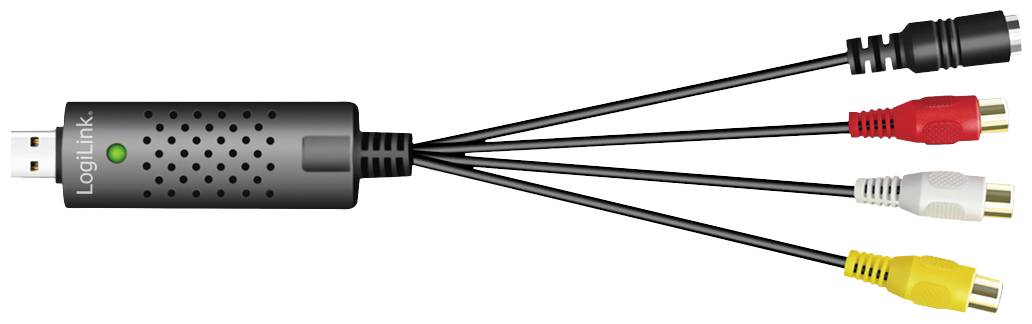 A USB adapter with a black main housing and four RCA plugs in red, yellow, white, and black for video and audio connection.