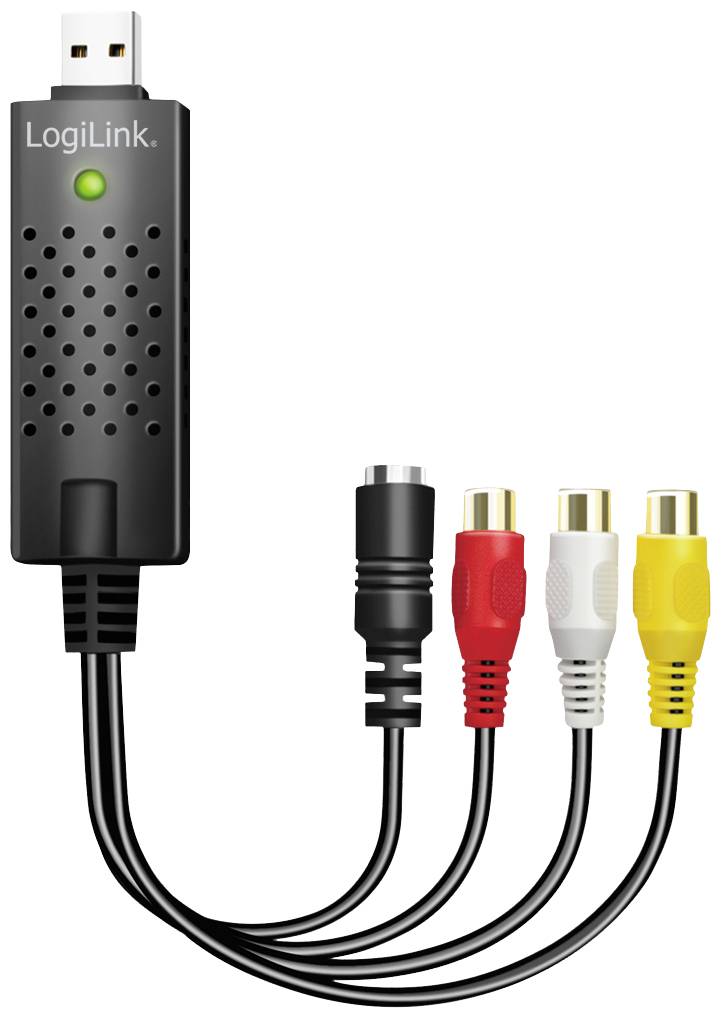 A video grabber from LogiLink with a USB connection, consisting of four cables: a black cable, a red and white cable, and a yellow RCA connection.