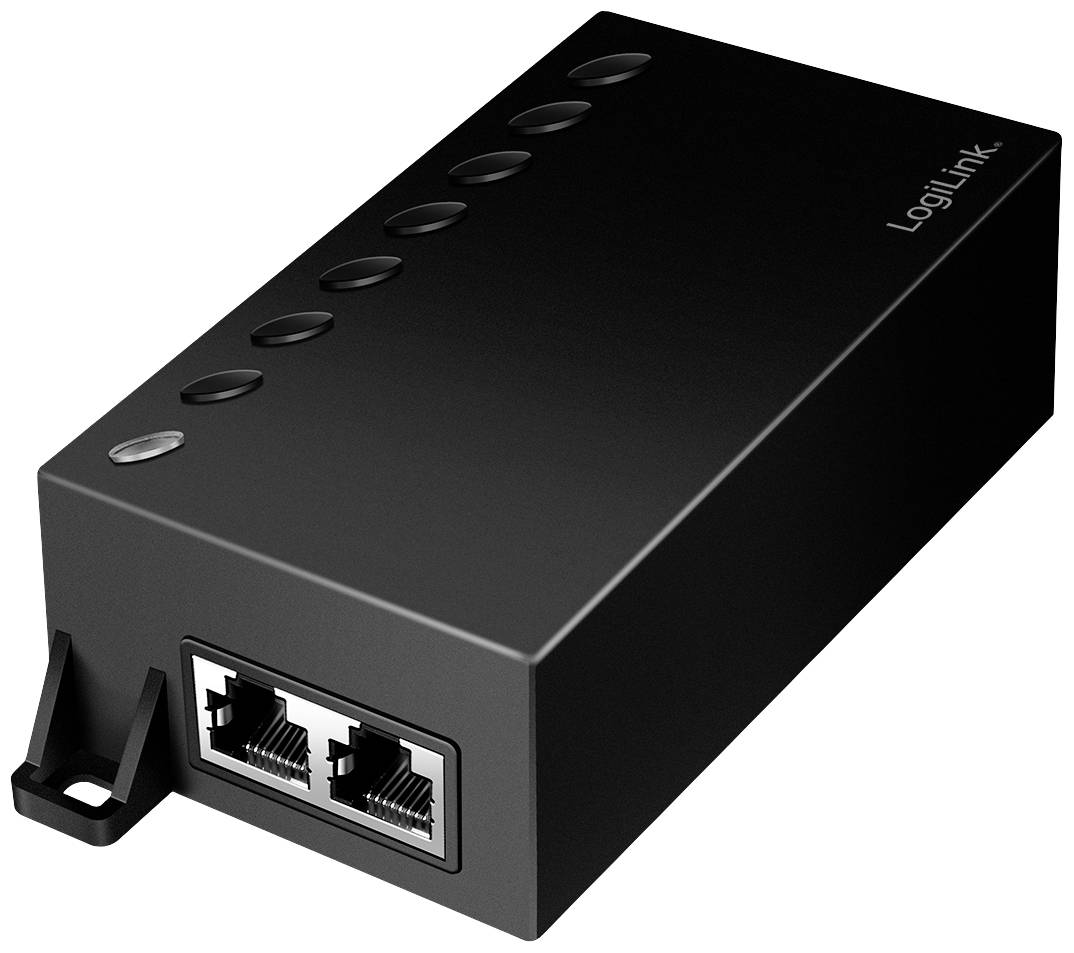 Black LogiLink network box with two Ethernet ports and several round buttons on top.