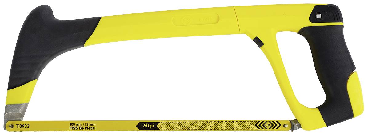 A yellow hacksaw with a black handle and a 300 mm long saw blade, suitable for cutting metal.