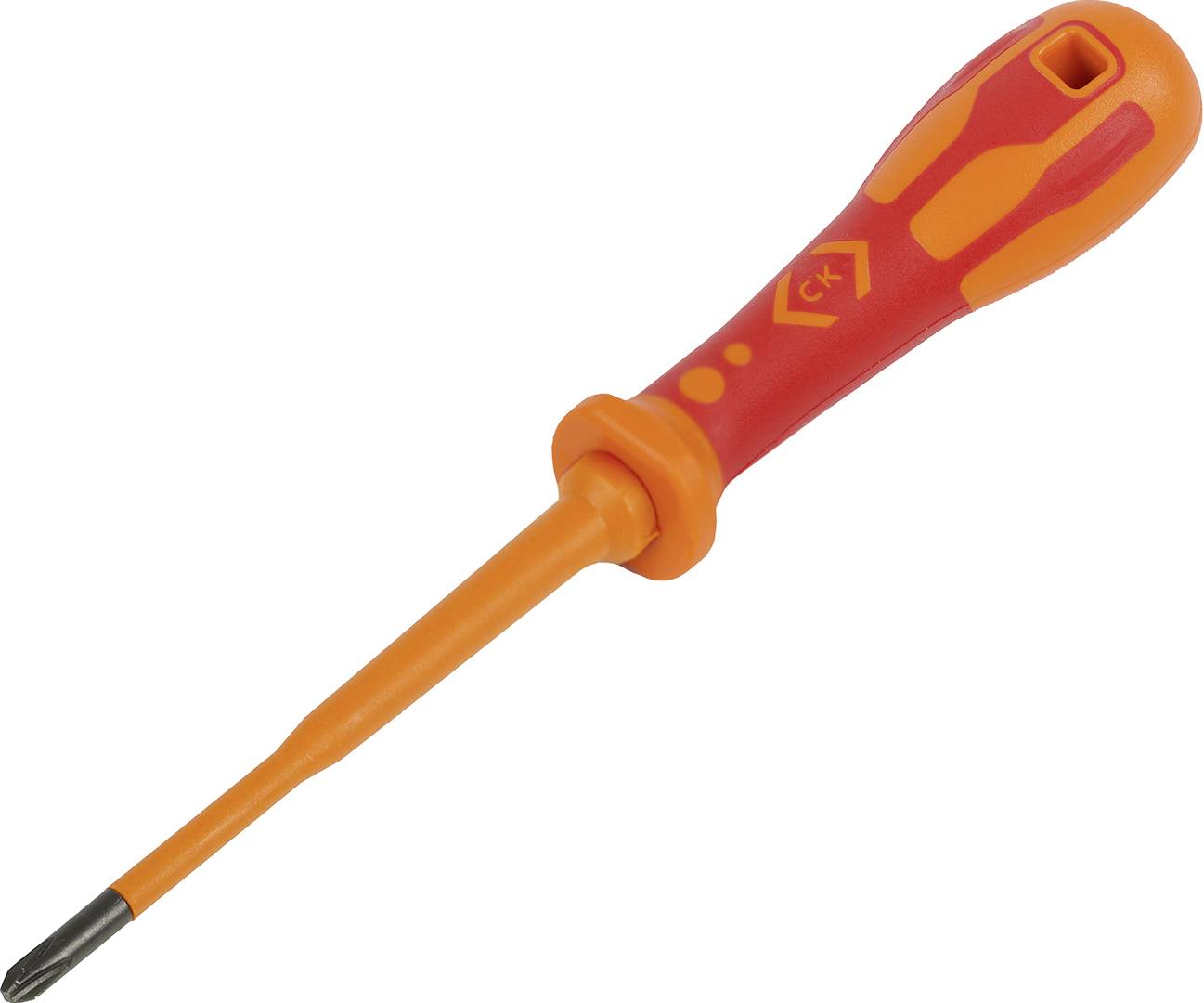 Screwdriver with an orange handle and red tip, suitable for work on electrical equipment.