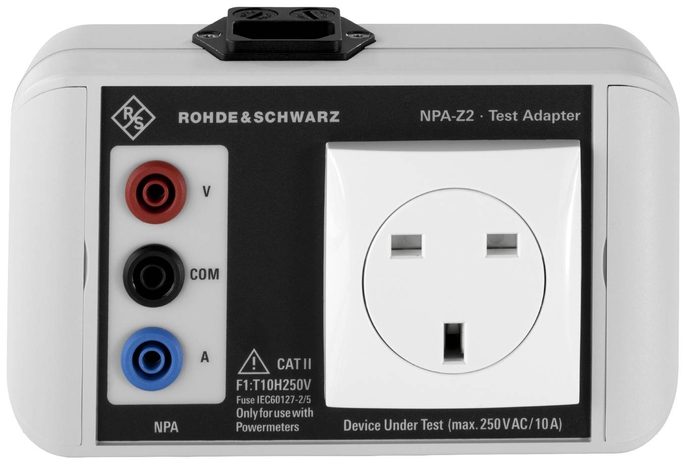 Electrical test adapter with a white socket and three connections in red, blue and black, labelled 'V', 'COM' and 'A'.