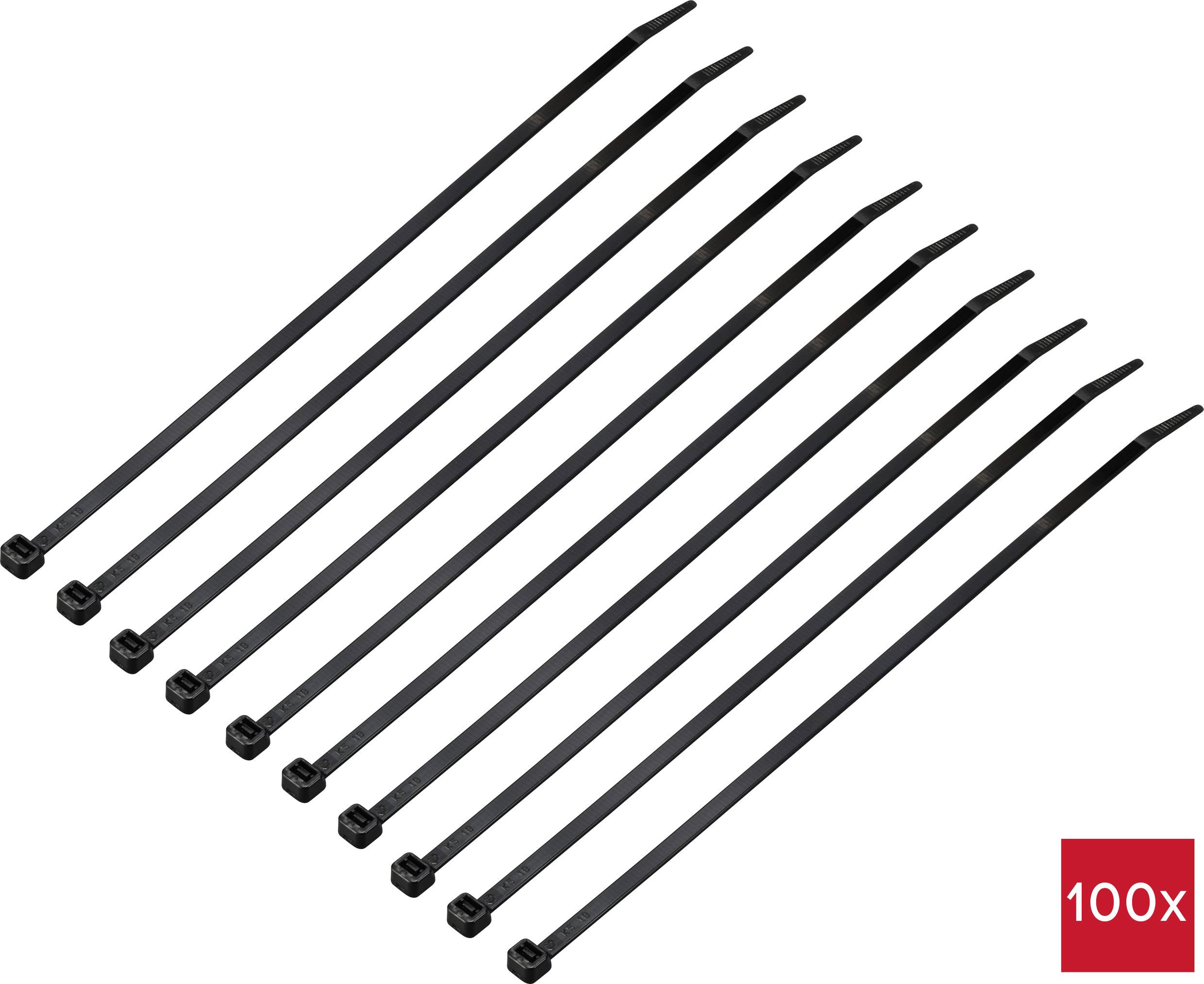 Black cable ties, ten pieces, arranged in a row. Red annotation at the bottom right shows '100x', indicating quantity.