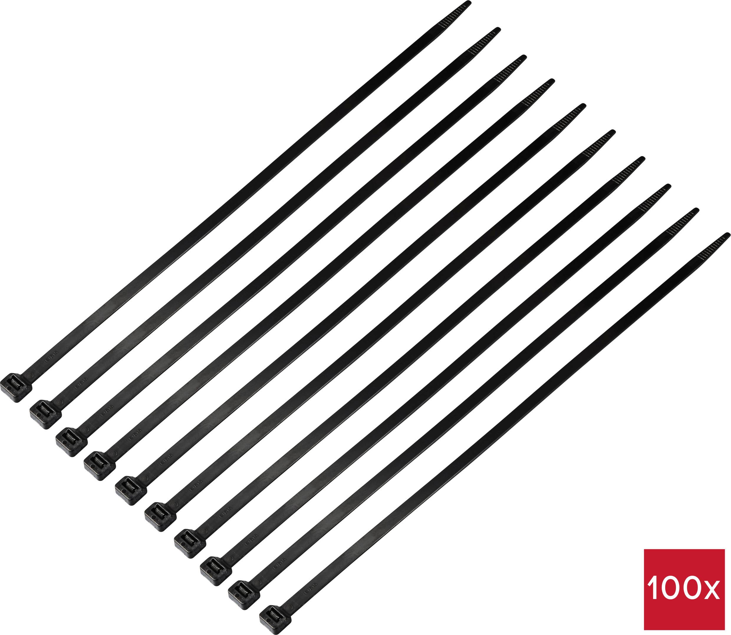 Ten black cable ties arranged side by side. Bottom right, '100x' is written in a red square, indicating the quantity.