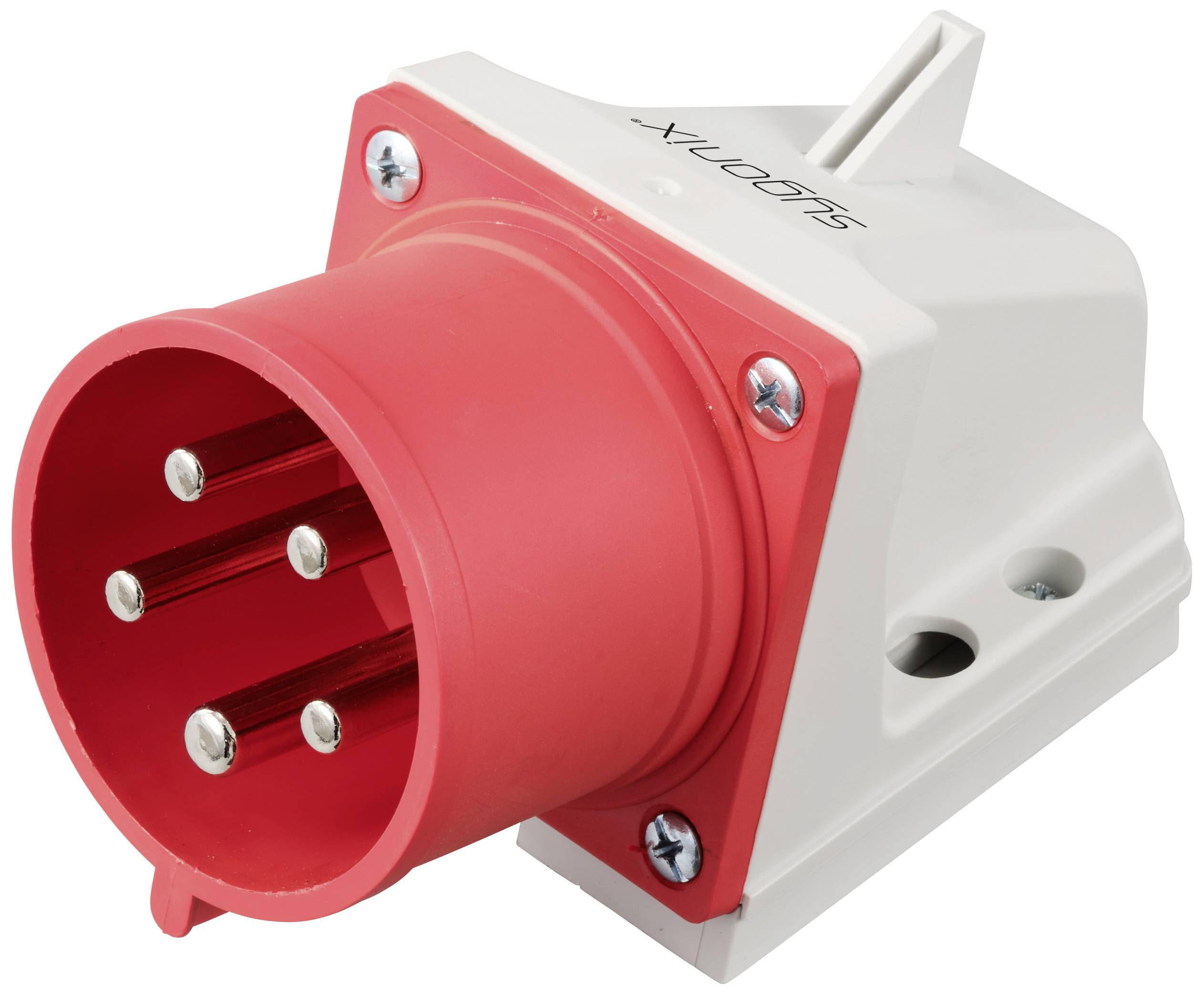 Red industrial plug with five metal pins on a white plastic housing, suitable for high-current applications.