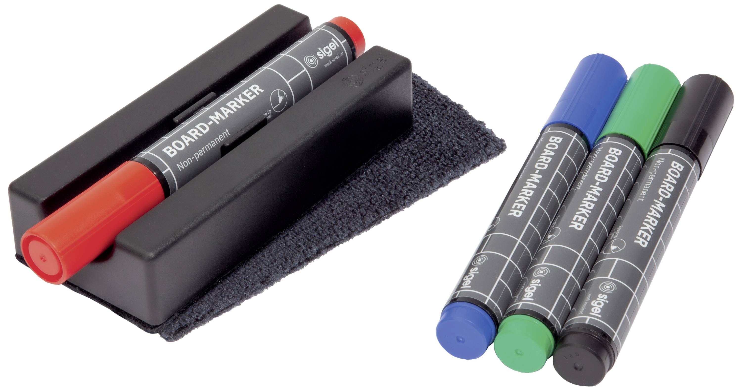 Four whiteboard markers in red, blue, green and black are lying next to a board eraser. A red marker is resting on a black holder.