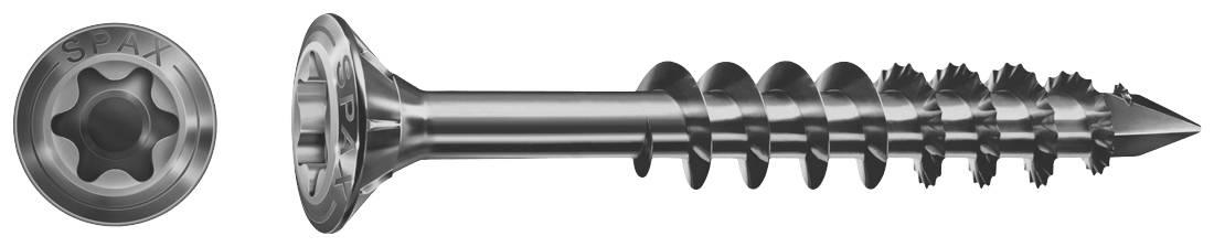 Steel wood screw with star head and sharp thread, ideal for strong fastenings in wood. View of head and side profile.