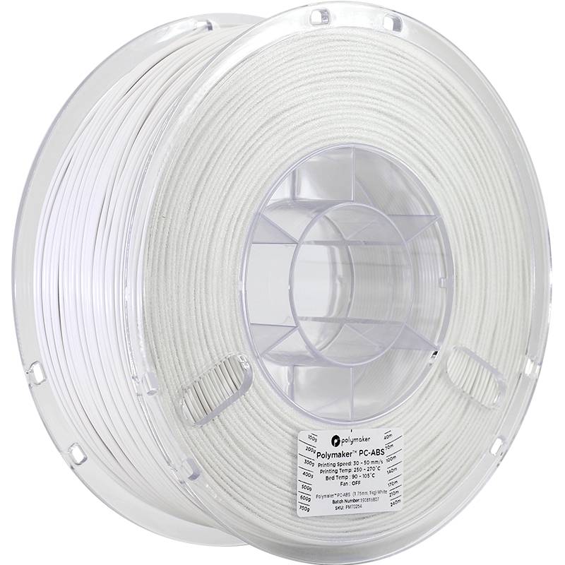 White spool of 3D printing material from Polymaker. Label on the spool contains technical specifications such as printing temperature and weight.