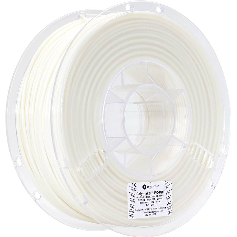 Plastic filament reel for 3D printer, beige colour, manufacturer label visible, on a transparent plastic spool core.