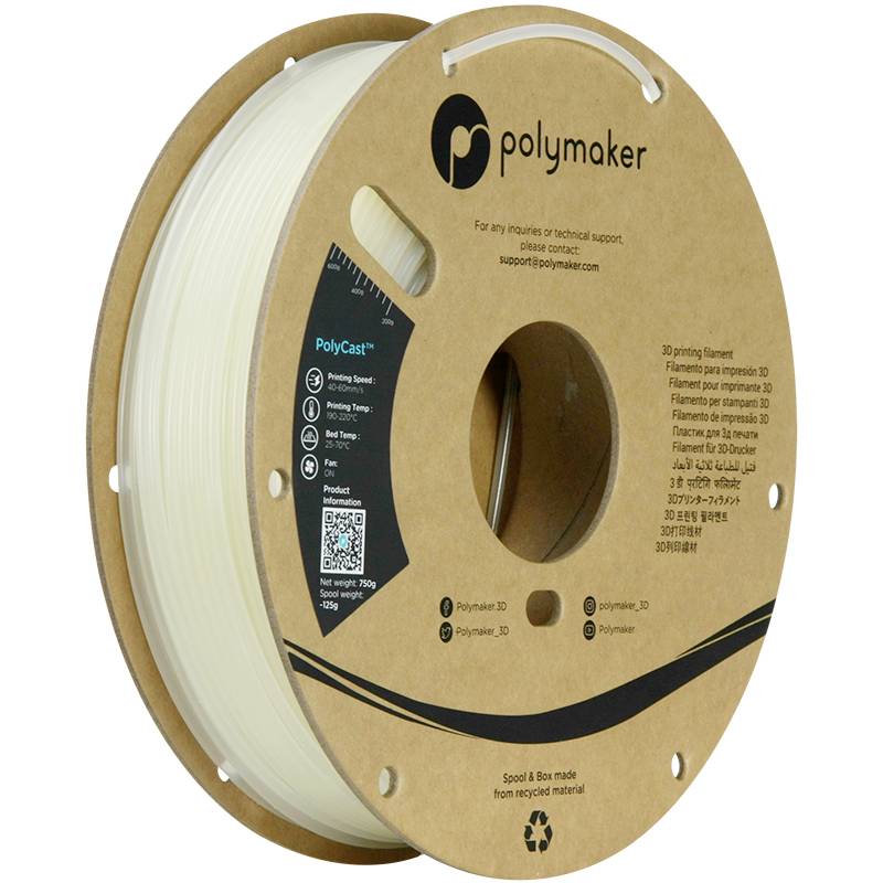 A reel of Polymaker PolyCast 3D printing filament, beige in colour, in a recycled cardboard packaging.