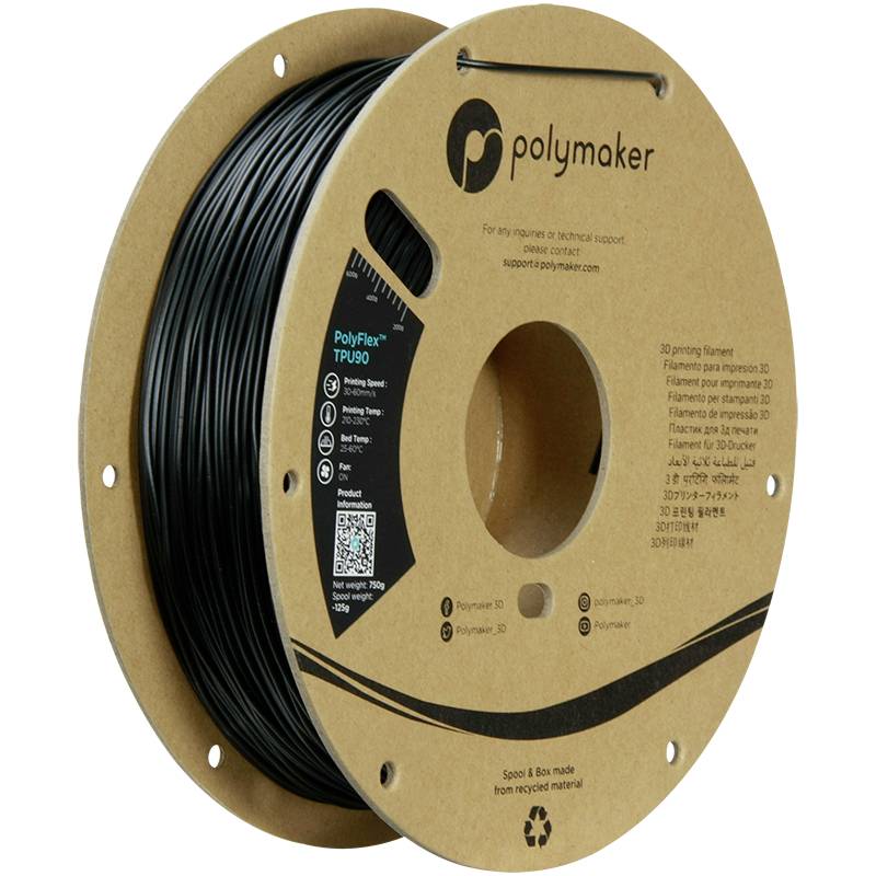 Black spool of TPU 3D printer filament from Polymaker, on a brown cardboard reel with brand logo and product information.