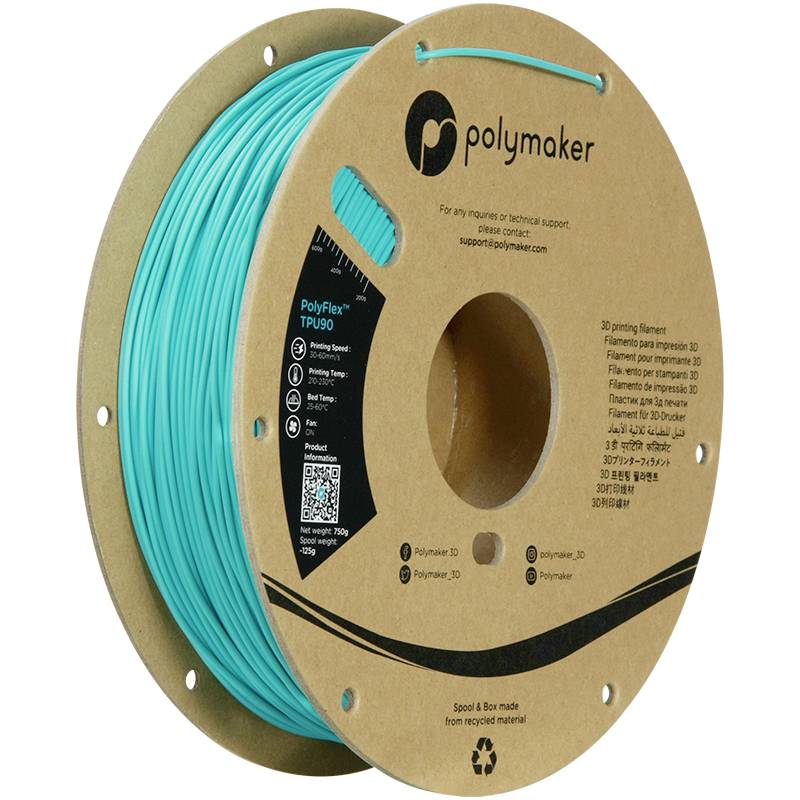 A reel of turquoise PolyFlex TPU90 3D printing filament from Polymaker.