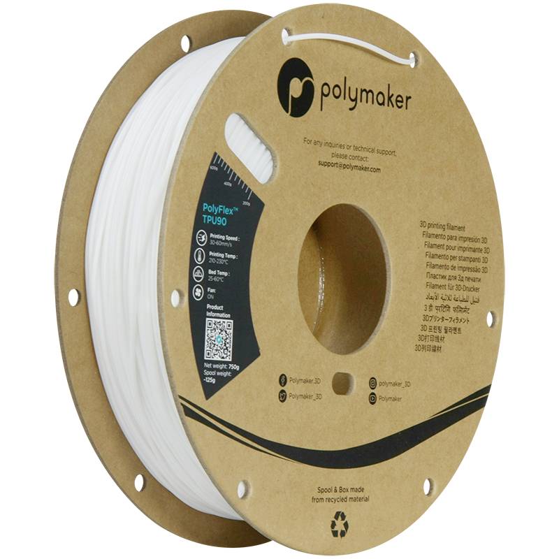 A reel of white 3D printer filament by Polymaker, mounted on a cardboard spool, with product details and recycling symbol.