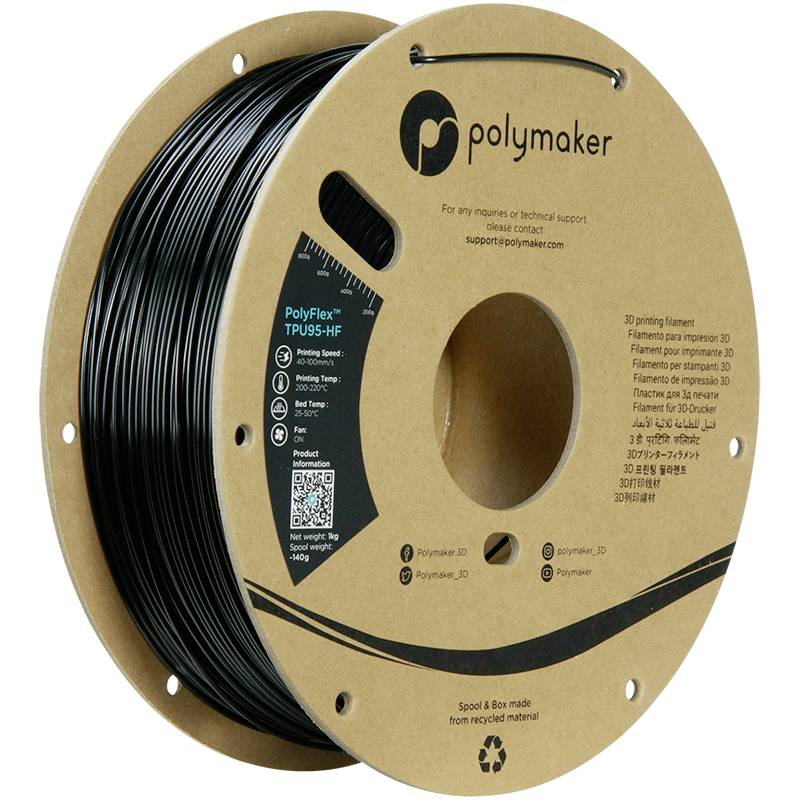 Spool of black 3D printing filament 'PolyFlex TPU95-HF' by Polymaker, suitable for flexible and durable prints. Packaging made from recycled material.