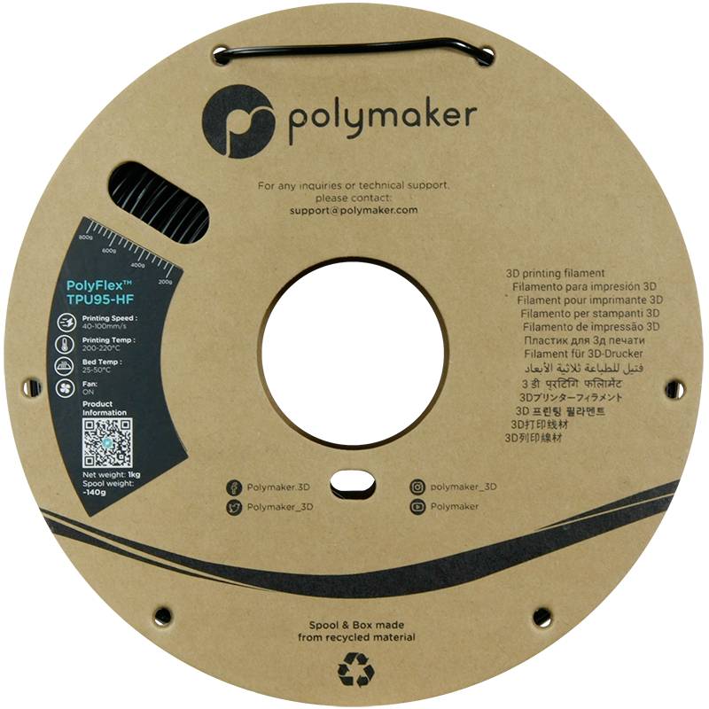 'Spool with Polymaker PolyFlex TPU95-HF Filament, 1.75 mm, 1 kg, black, packaged in recycled material.'<br><br>Note: The translation is very close to the original, with only minor adjustments to punctuation and spelling to suit British English conventions.