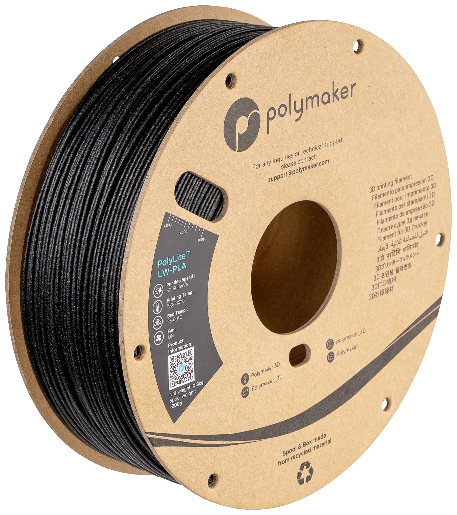 Spool of black 3D printer filament by Polymaker, suitable for printing lightweight and robust objects.