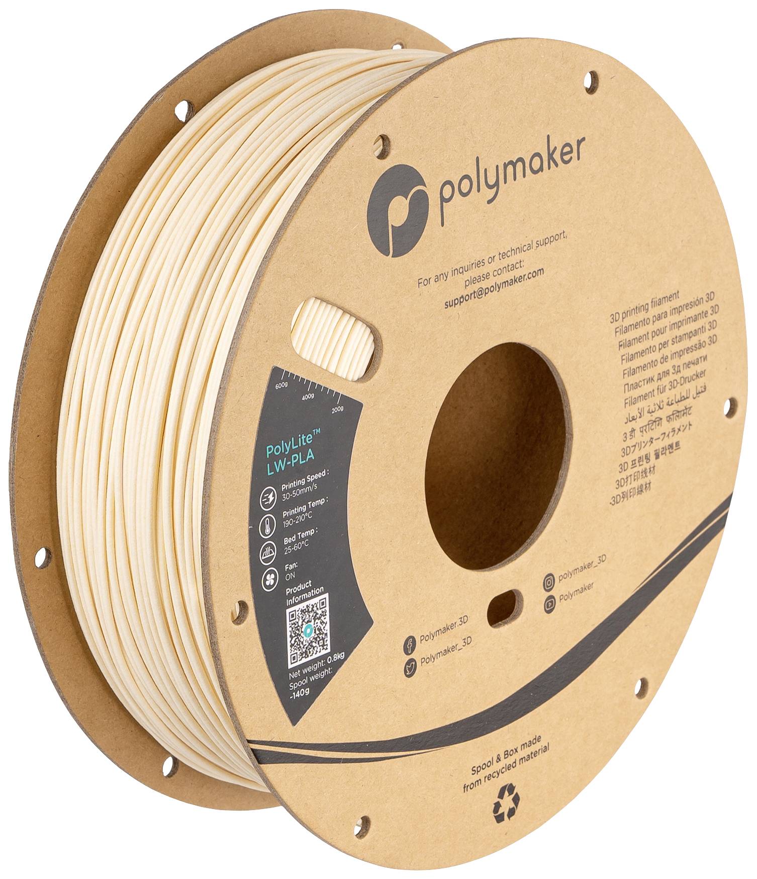 A reel of Polymaker LW-PLA 3D printer filament. The packaging displays information and a QR code.