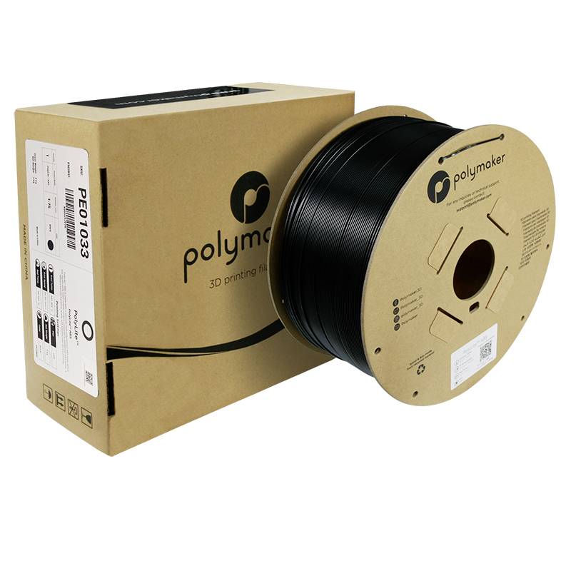 Black Polymaker filament spool for 3D printers, placed next to its corresponding packaging.