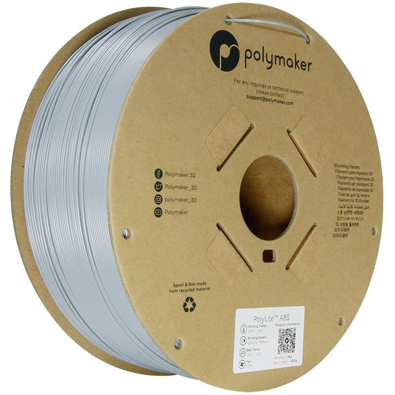 A roll of silver PolyLite ABS filament from Polymaker. The cardboard box displays handling information and contact details.