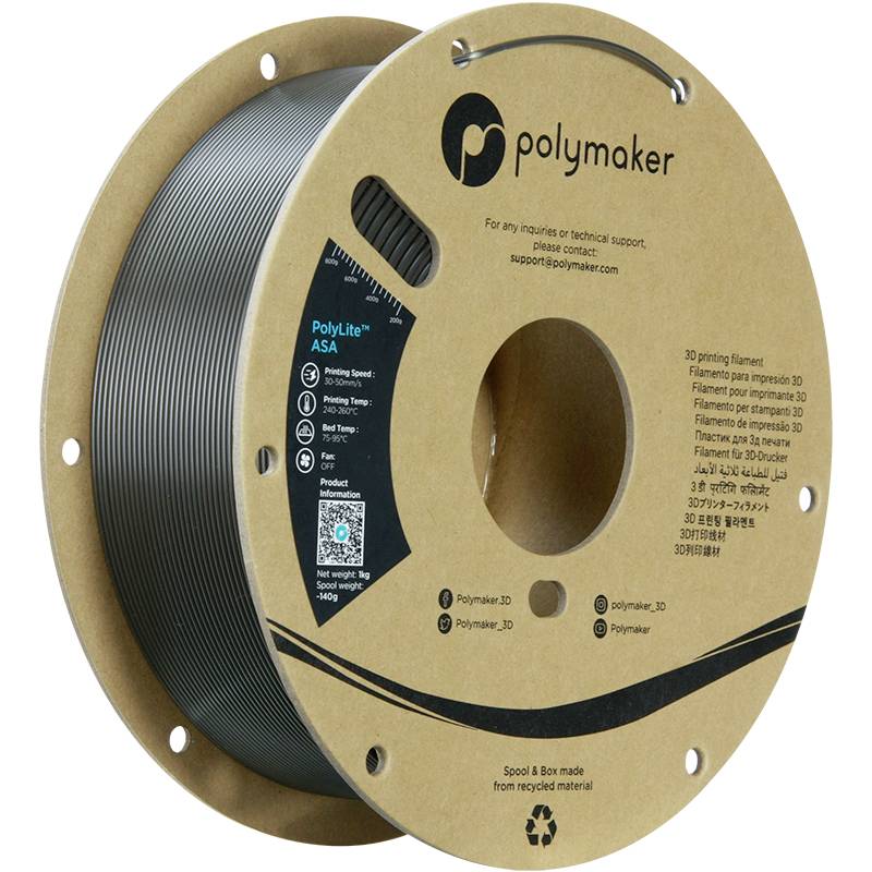 A plastic reel for a 3D printer with the label 'Polymaker PolyLite ASA' displays product specifications and contact information.