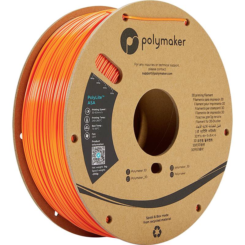 A spool of orange 3D printing filament by Polymaker, manufactured from recycled material. Packaging displays product details.
