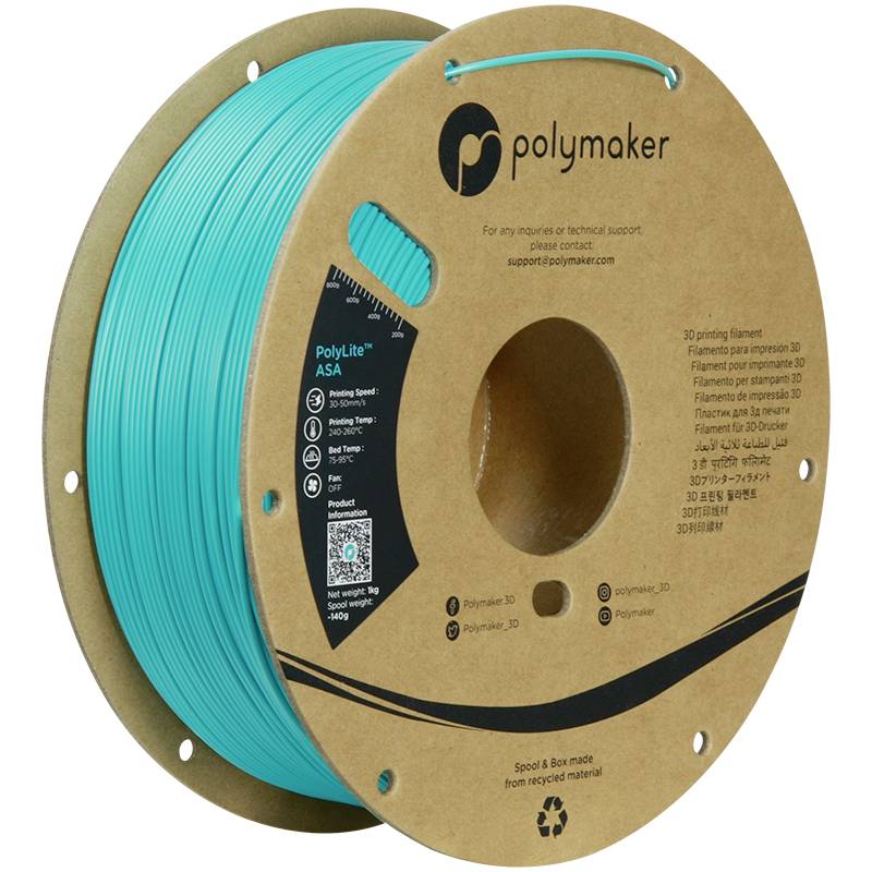 A reel of turquoise 3D printer filament by Polymaker, model PolyLite ASA, in packaging made from recycled material.