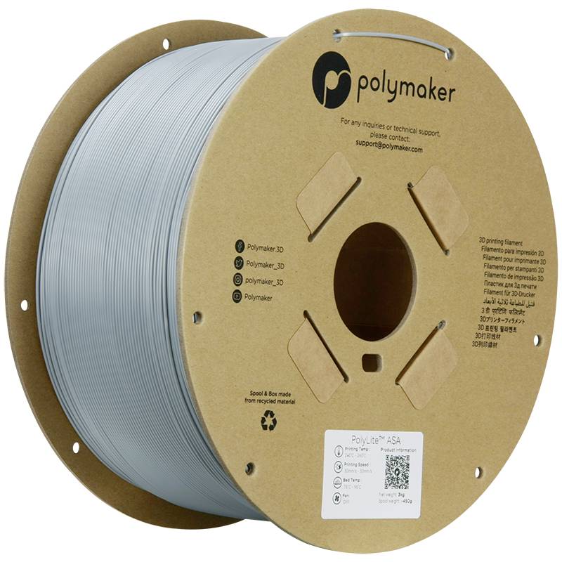 3D printer filament spool by Polymaker in grey. The spool is made from biodegradable material and is recyclable.
