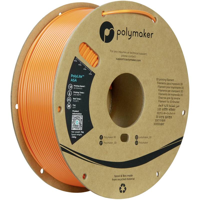 PolyLite ASA 3D Printing Filament in Orange, by PolyMaker, Spool Made from Recycled Material, Ideal for Durable and UV-Resistant Prints.