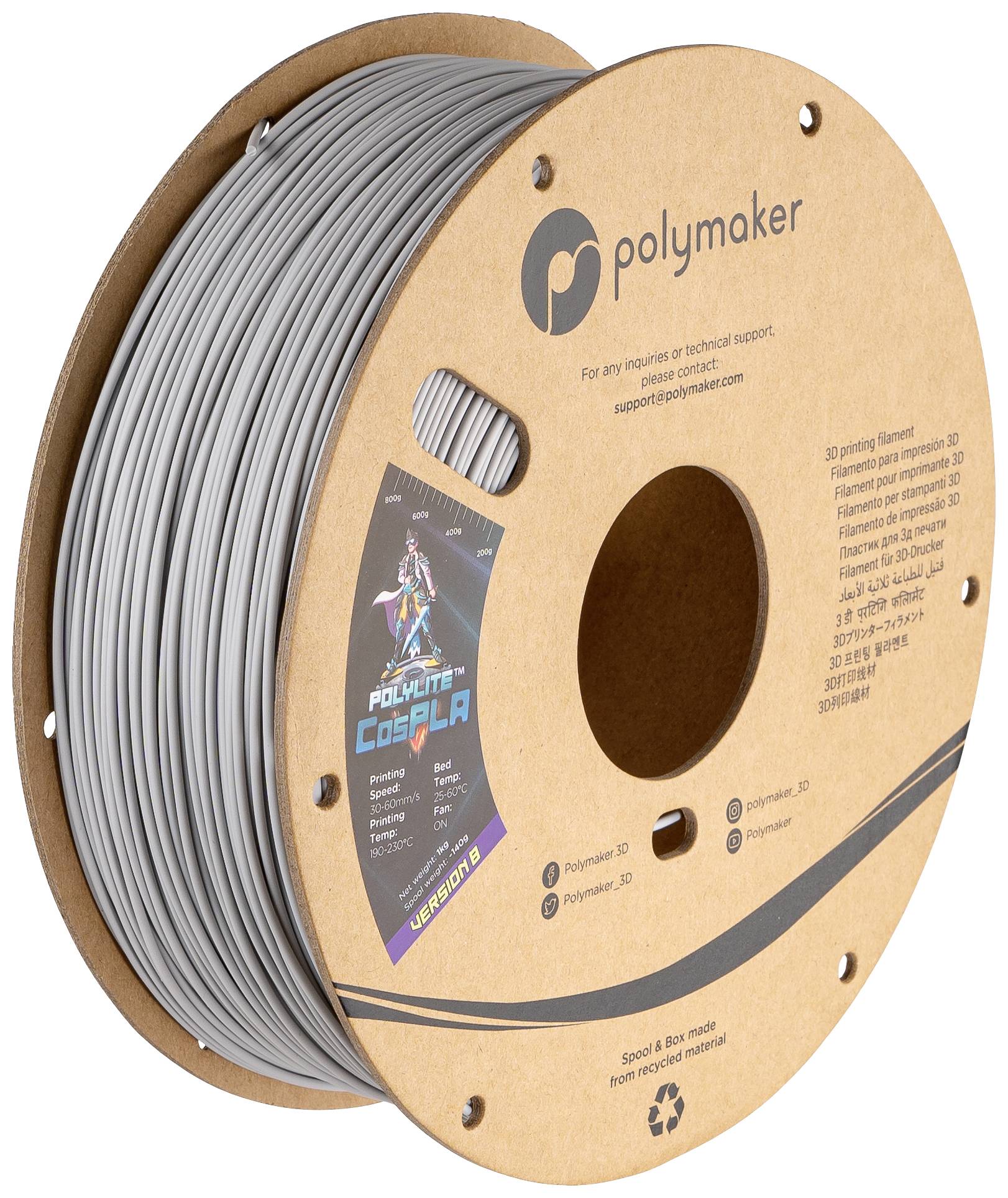 A spool of grey 3D printer filament from Polymaker, labelled as 'PolyLite CosPLA'.