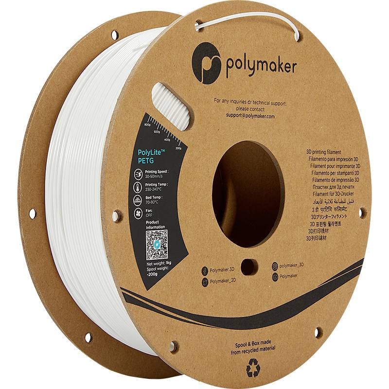 White PETG filament spool for 3D printers by Polymaker, on cardboard core, 1.75 mm diameter, 1 kg, recyclable.