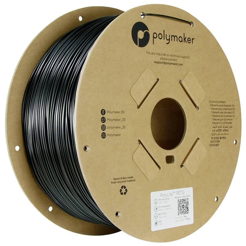 PolyMaker PETG Filament Reel, black. Ideal for 3D printers, demonstrating durability and versatility for creative projects.