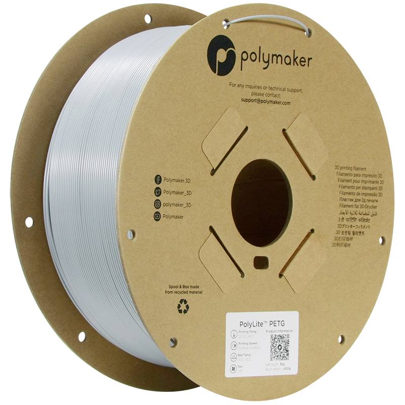 Reel of PETG 3D printer filament from Polymaker. Filament is translucent white. Label includes contact details and QR code.