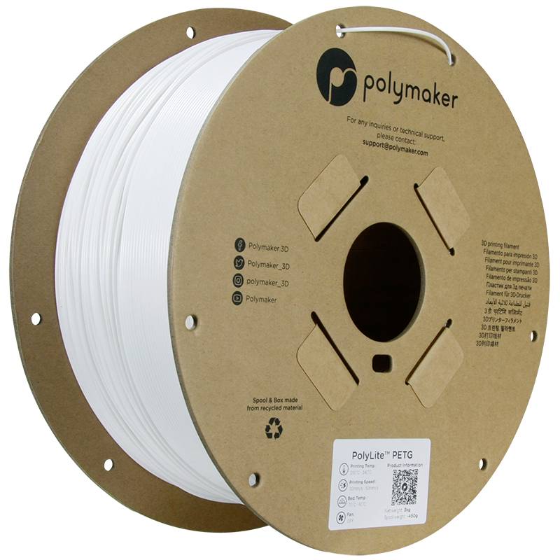 Spool with white 3D printing filament by Polymaker, labelled as PolyLite PETG. Contains contact information and a recycling instruction.