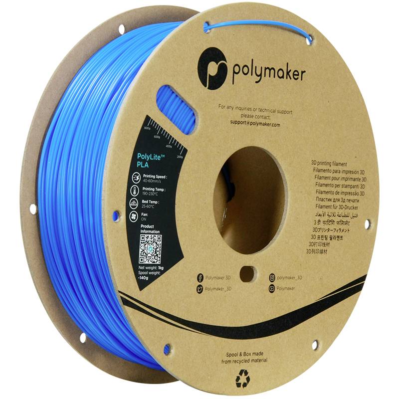 3D printer filament reel made of blue PLA material by Polymaker, on a cardboard spool, suitable for 3D printing applications.
