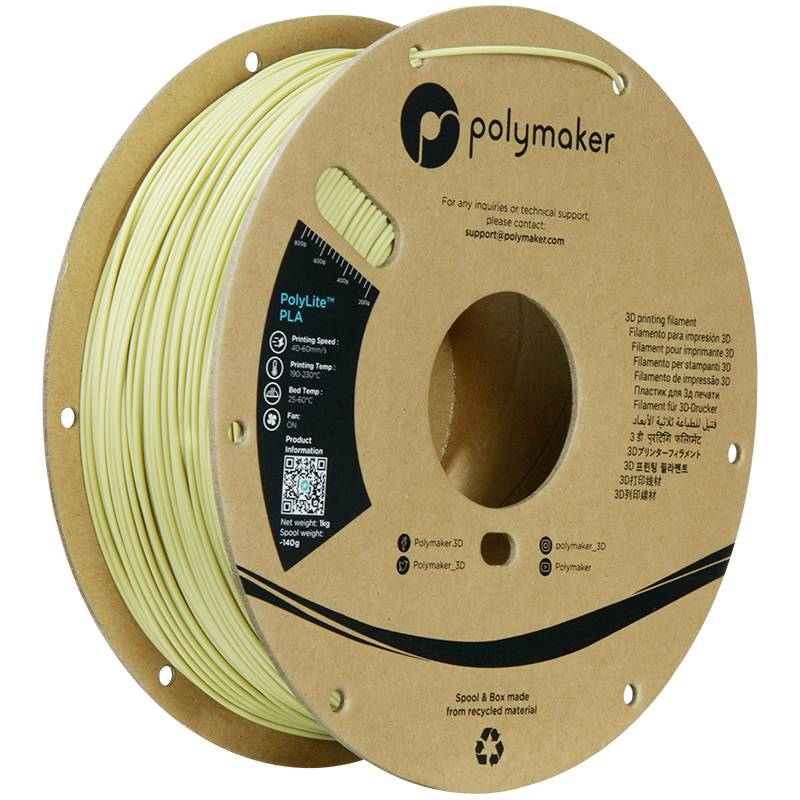 A reel of 3D printer filament from Polymaker in a neutral colour, labelled with information about printing temperature and speed.
