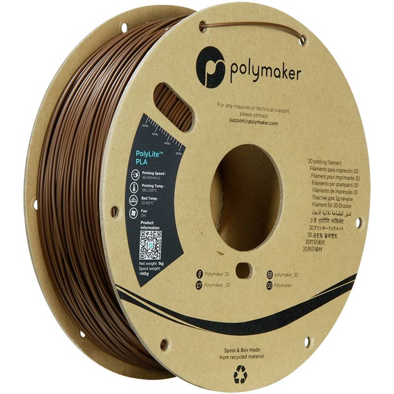 A brown spool of Polylite PLA 3D printing filament by Polymaker with product specifications and contact information on the packaging.