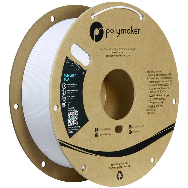 A roll of white PLA filament from Polymaker for 3D printers with a label showing print temperature, speed, and a QR code for support.