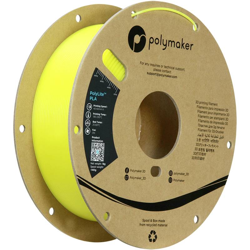 Roll of yellow filament for 3D printer, Polymaker brand. Label contains technical details and contact information.