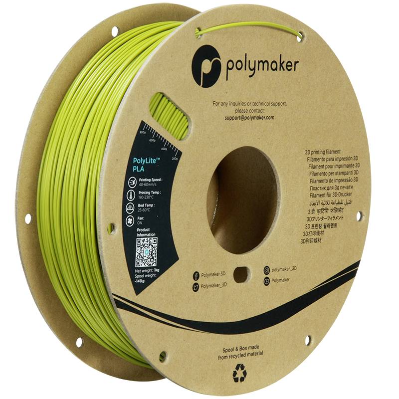 A spool of yellow 3D printer filament by Polymaker, manufactured from recycled materials, provides support for technical enquiries.