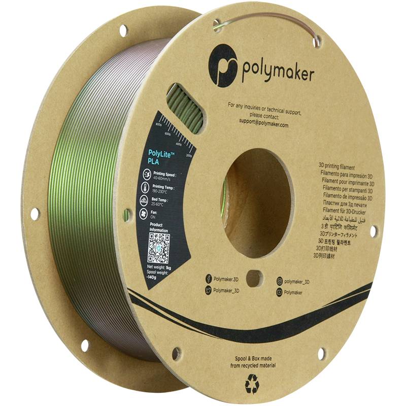 A reel of green 3D printer filament by the brand Polymaker. The spool core displays information such as filament type 'PolyLite PLA'.