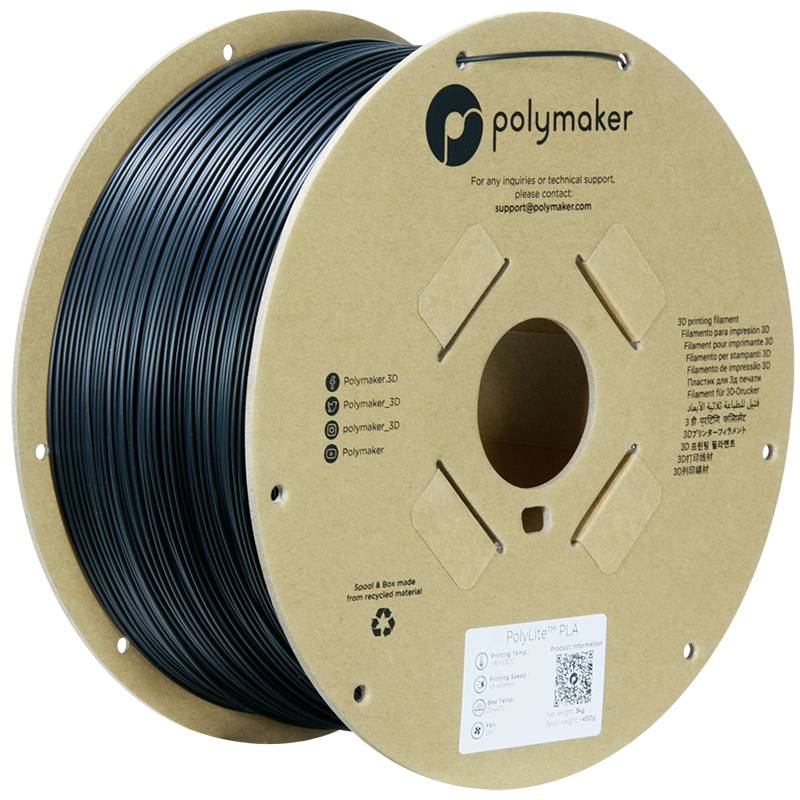 Black filament spool by 'Polymaker' for 3D printers, cardboard spool with contact details and recycling symbol.