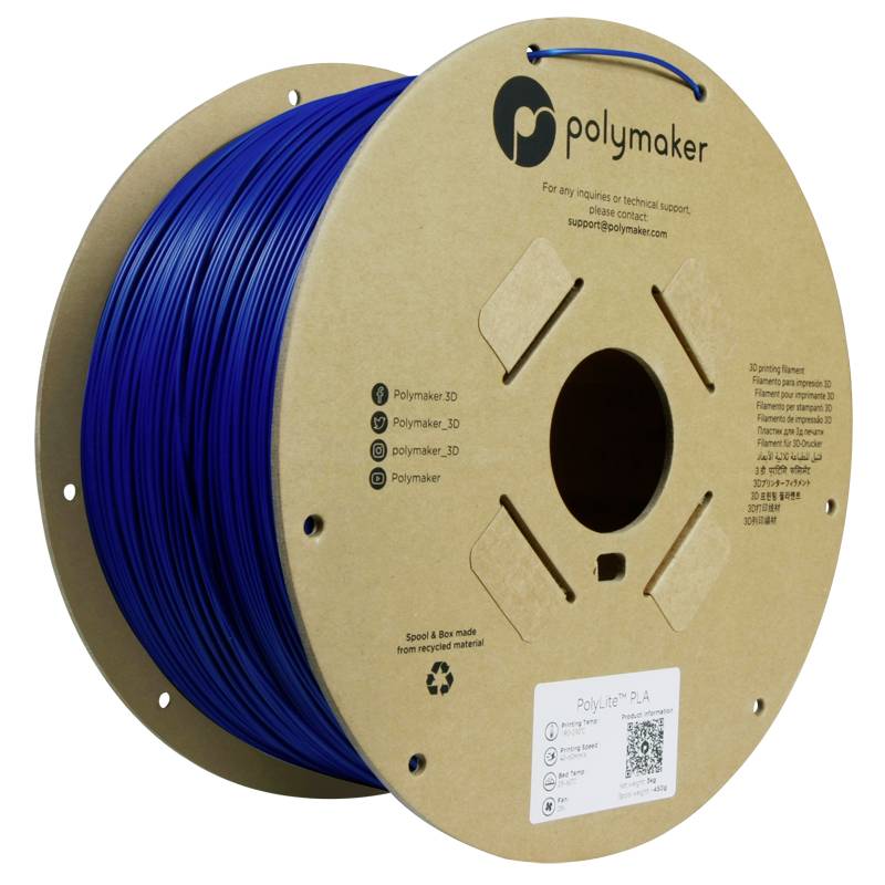 A spool of blue 3D printer filament by the brand Polymaker. The packaging is made of cardboard with brand and contact information.