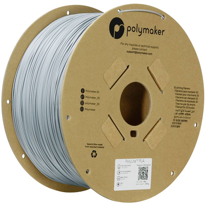 A spool of grey 3D printer filament from the brand 'Polymaker'. The cardboard packaging displays the brand logo and contact details.