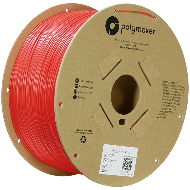 Large reel of red 3D printing filament from Polymaker. Cardboard packaging with company logo and website.