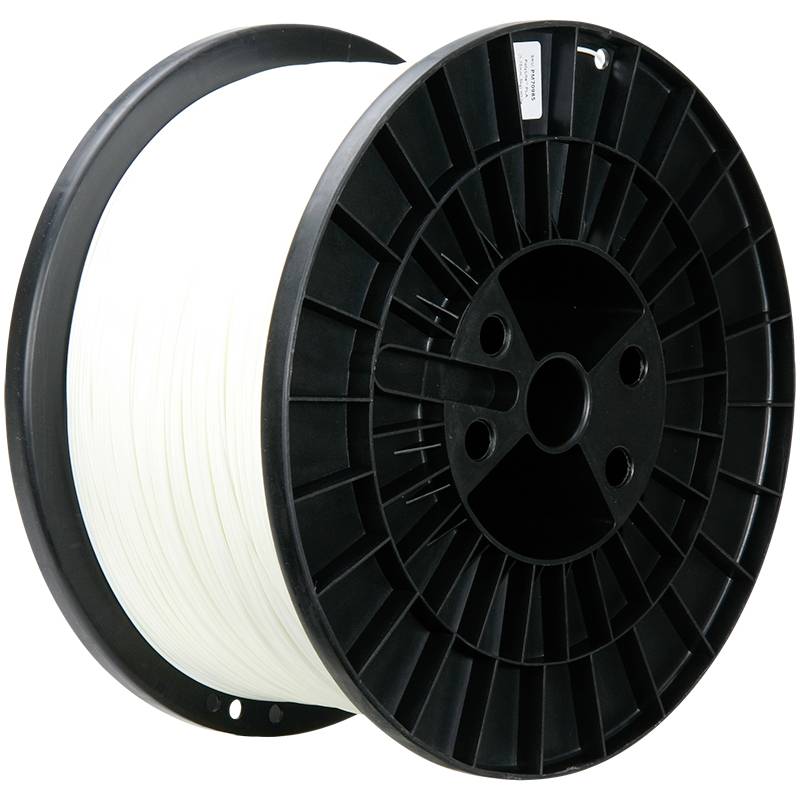 A large black spool with white filament for 3D printers.