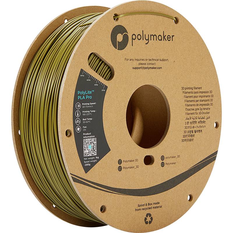 A spool of Polymaker PolyLite PLA Pro Filament, colour Ochre, in a cardboard box. Printing properties labels are visible.
